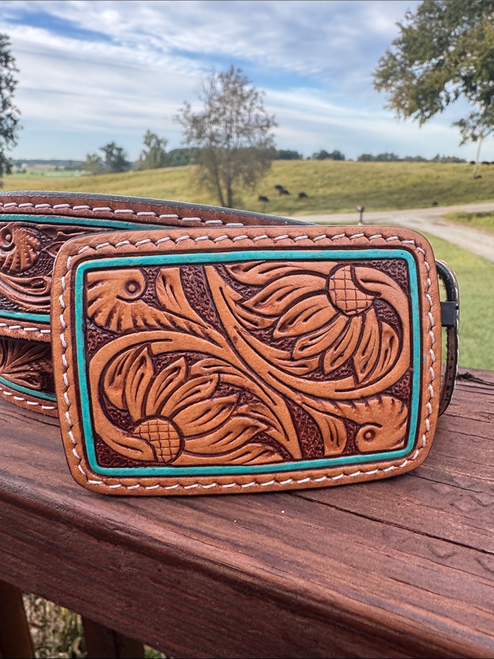 American Darling Hand-Tooled Floral Leather Belt with Turquoise Trim